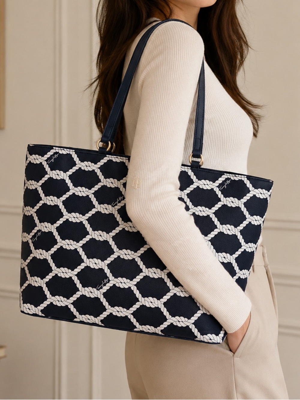 Tommy Hilfiger Navy and White Rope-Pattern Tote